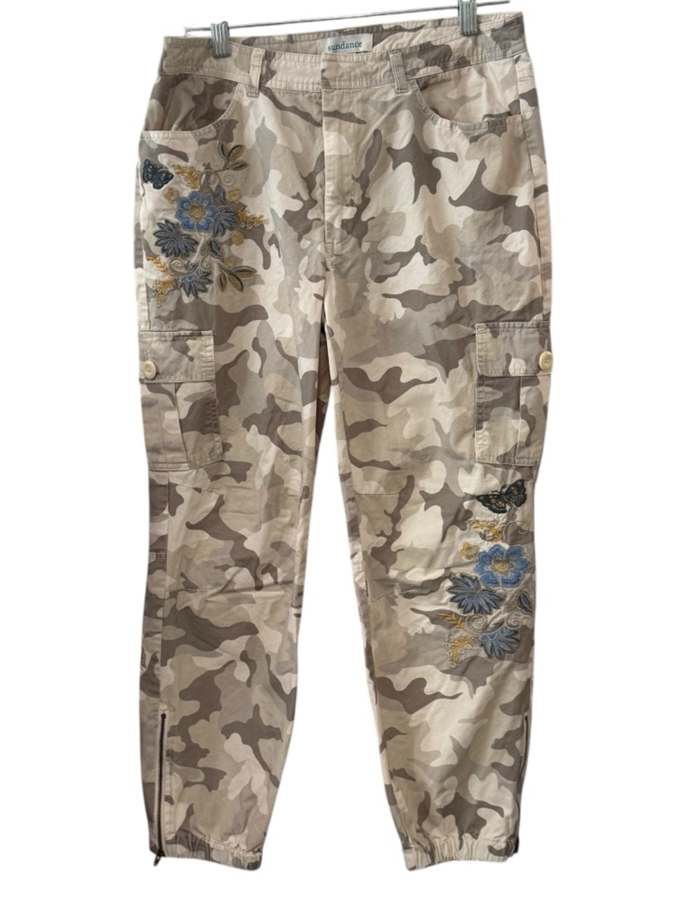 Sundance 6 Camo Floral Embroidered Cargo Pants Cotton Ankle Zip